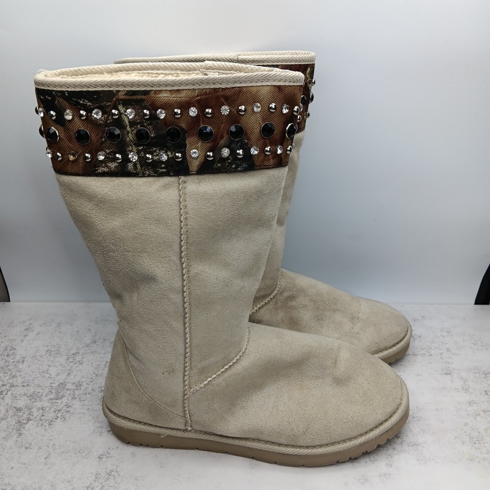 Y2K P&G Tall Boots 7 Stone Suede Studded Rhinestones Camo Trim Faux Fur McBling